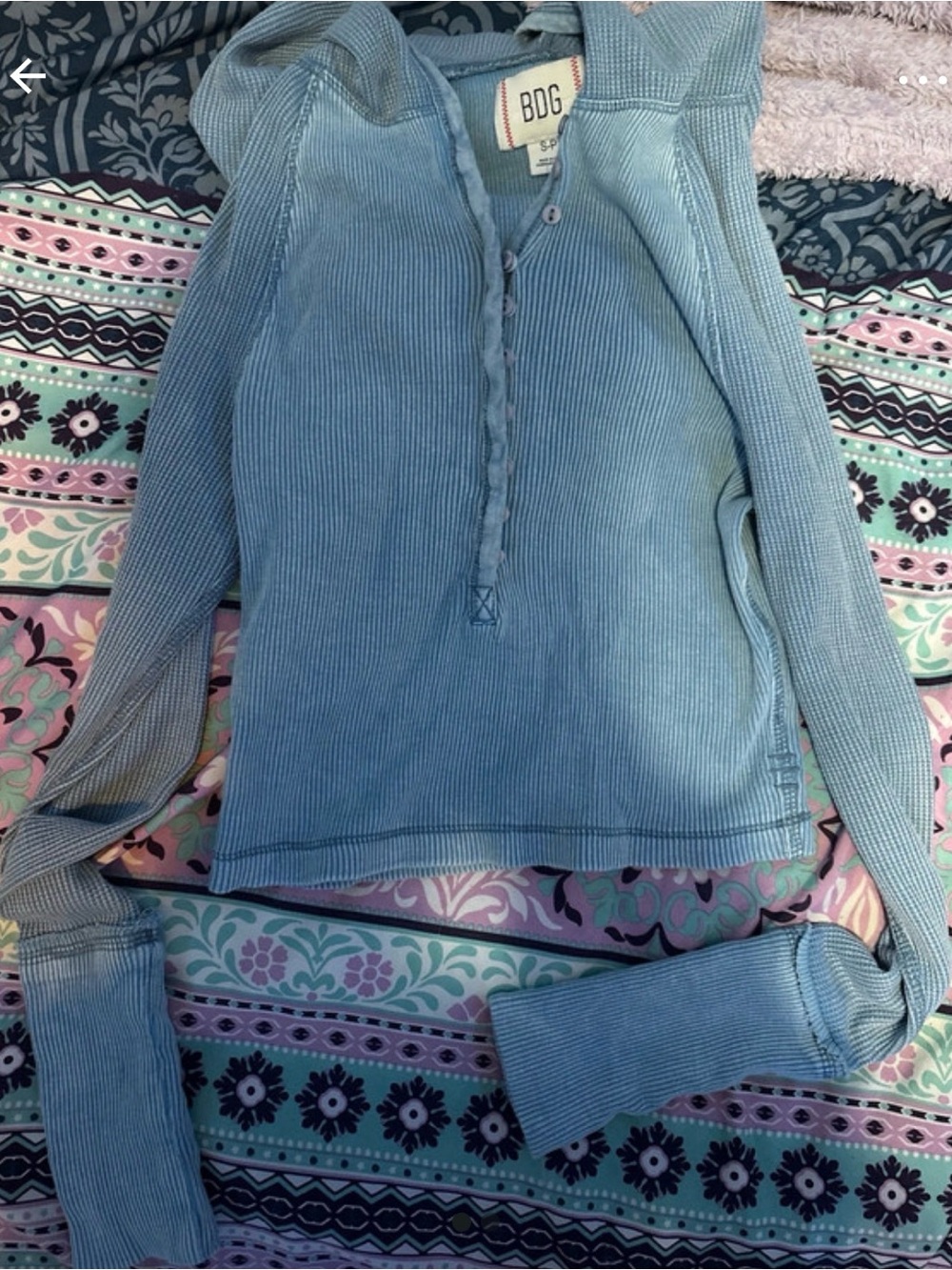 BDG Blue Ribbed Henley Top with hood